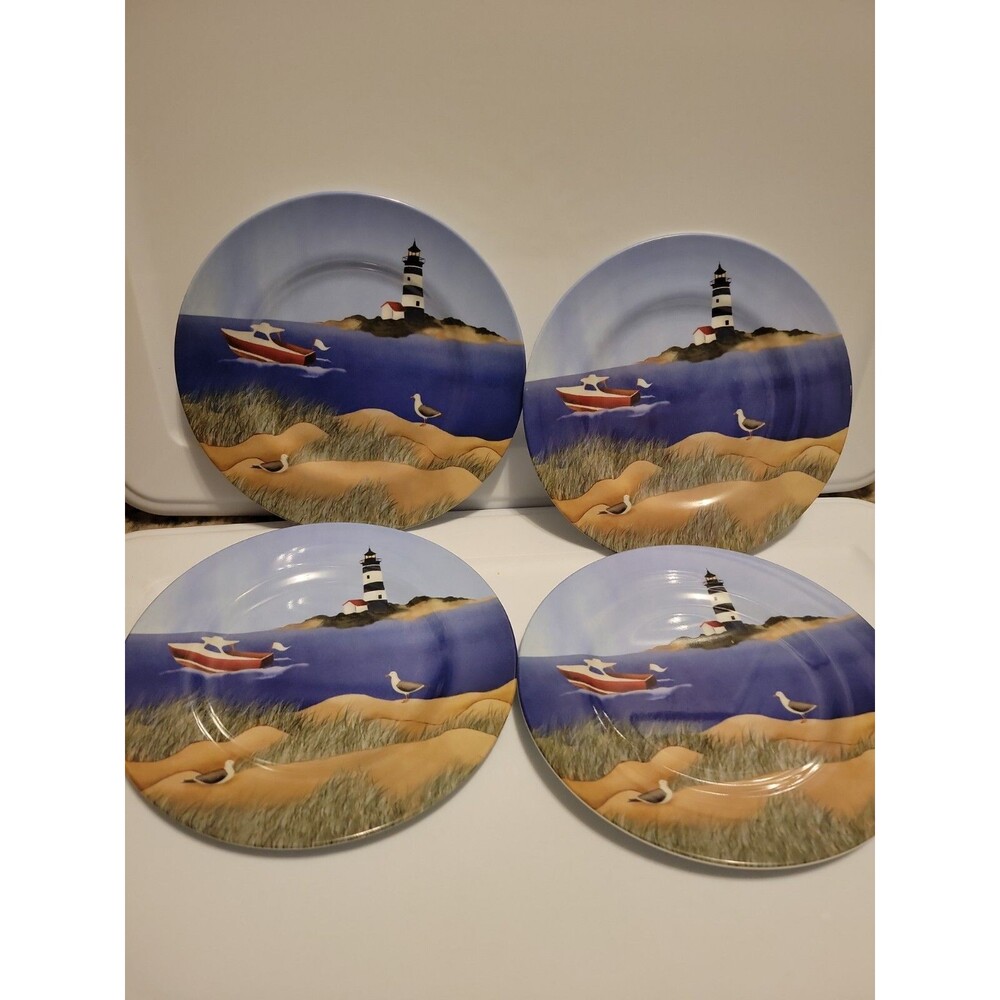 Set Of 4 Lighthouse, Seagull, Boat, Beach Melamine Plates, 8.5 in Nantucket Mass